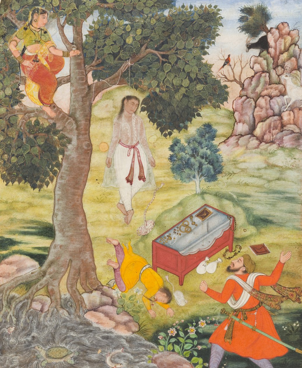 Příběh mazaného Siddhikariho, kolem roku 1590 (neprůhledný akvarel, zlato a inkoust na papíře) od Mughal School