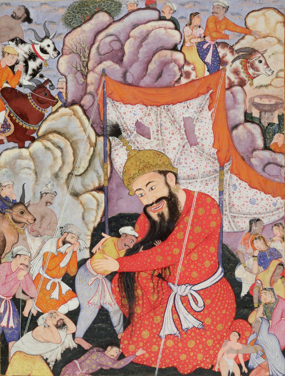 Zumurrud Shah dosáhne úpatí obrovské hory a připojí se k němu Raim Blood-Drinker a Yaqut Shining, 1557-72 (wc a plátek zlata na bavlně) od Mughal School