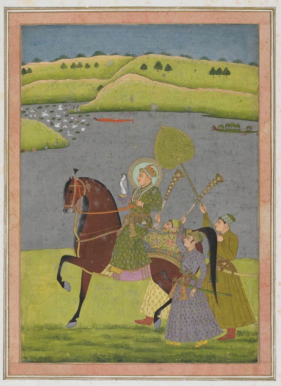 Jezdecký portrét Muhammada Shaha z alba Impey, samostatný rukopisný folio, kolem roku 1730 (neprůhledný akvarel a zlato na papíře) od Mughal School