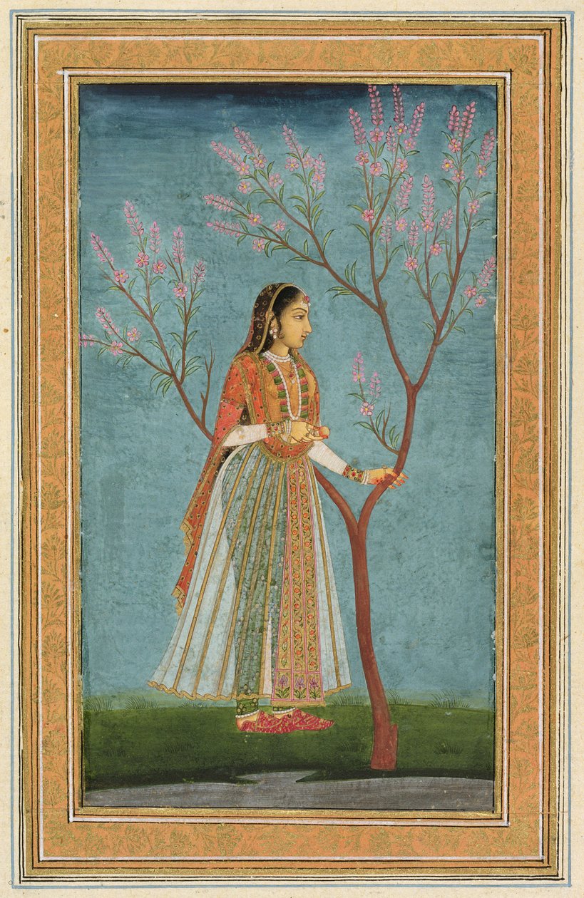 Dáma stojící u stromu v květu, z alba Small Clive od Mughal School