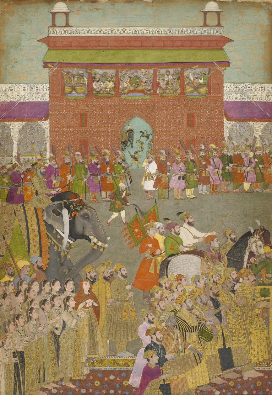 Scéna procesí s hudebníky, z kopie Padshanama, mughalské období, polovina 17. století od Mughal School