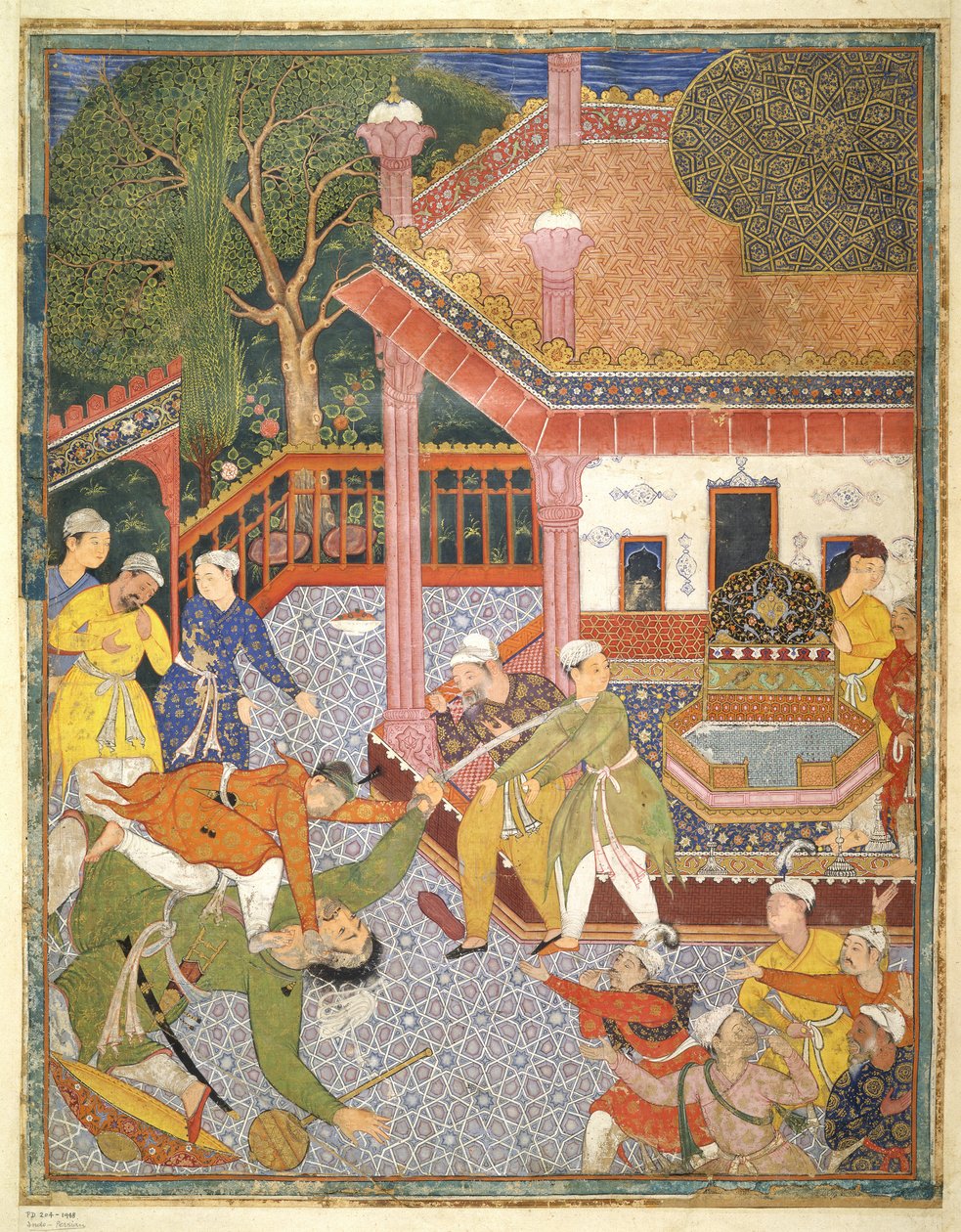 Hrdina zabije obra před davem přihlížejících na nádvoří, ilustrace z Hamza Nama, kolem 1555-67 (bodycolor na bavlně) od Mughal School