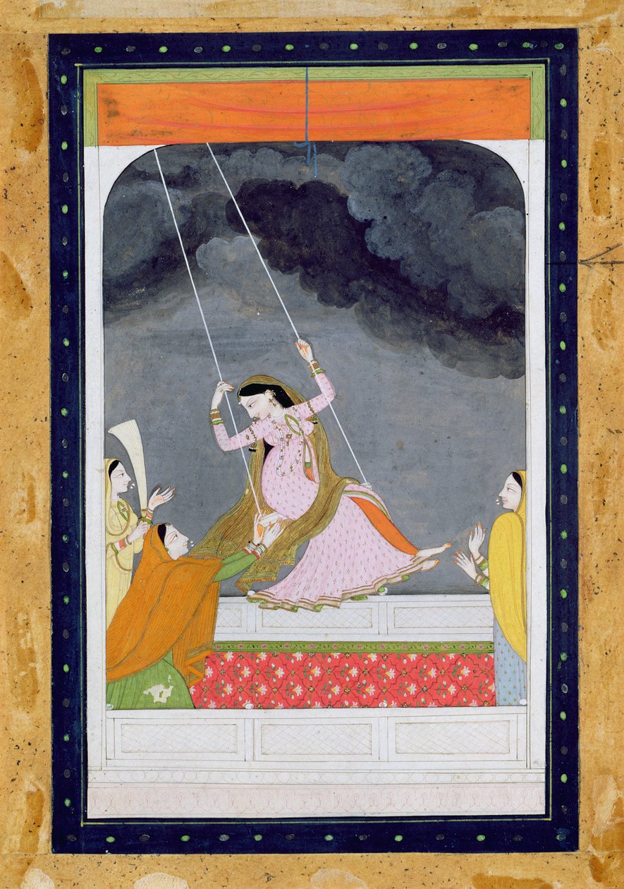 Dáma na houpačce, Kangra, Paňdžáb kopce cca 1790 (neprůhledné wc na papíře) od Mughal School