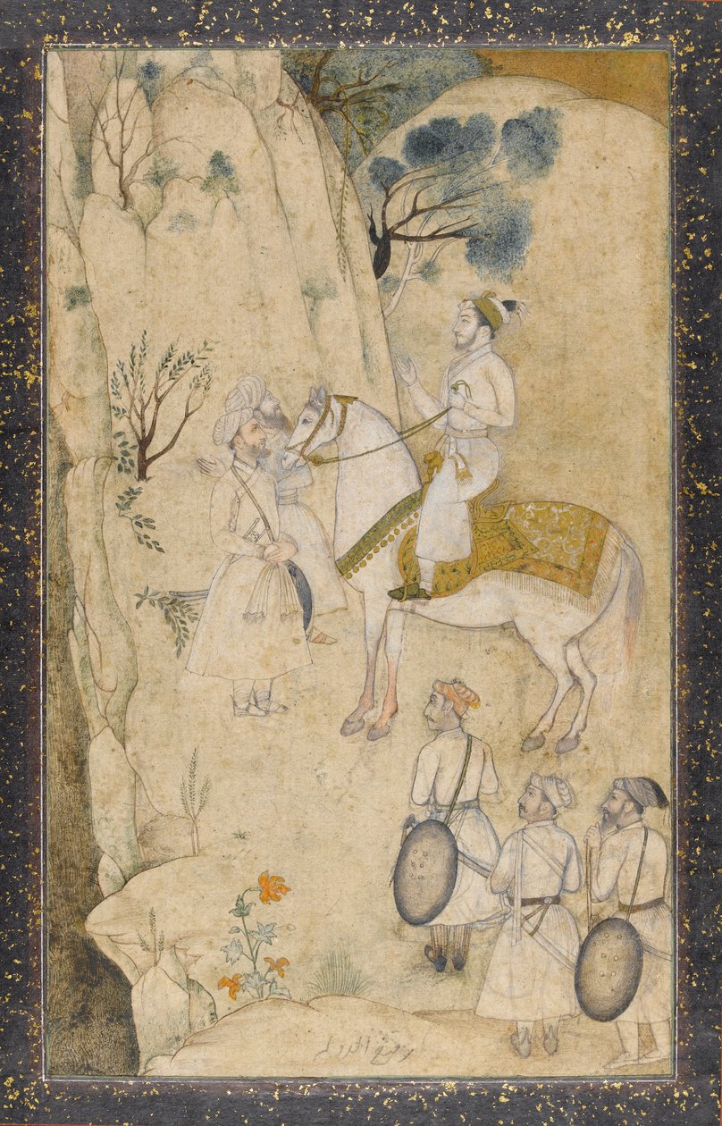 Princ na koni, s pěti průvodci, ohledně vodopádu (wc s perem a inkoustem, grafit a zlato na papíře) od Mughal School