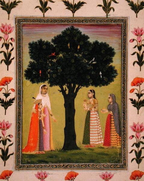 Princezna se svým synem potkává dvě dámy, které nabízejí dárky, z alba Small Clive Album (neprůhledný akvarel na papíře) od Mughal School