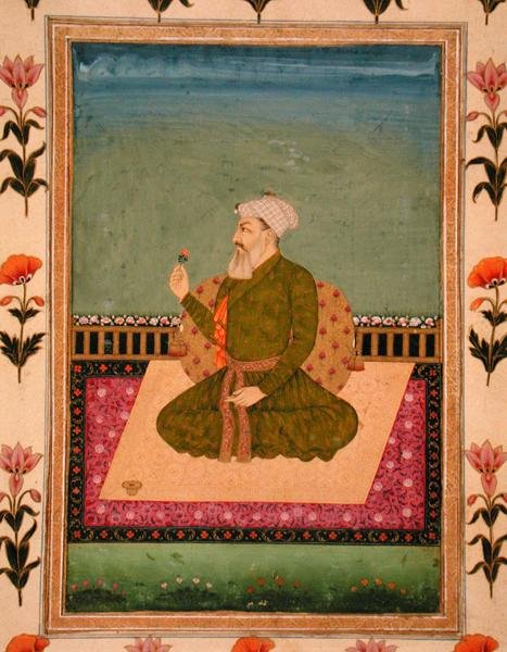 Pravítko sedící na koberci nebo terase, držící květinu, z alba Small Clive Album (neprůhledný akvarel na papíře) od Mughal School