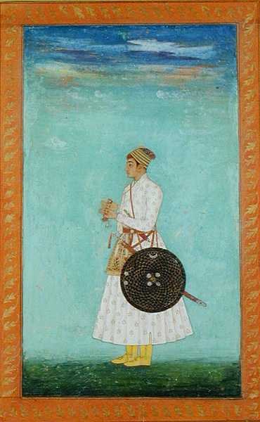 Mladý šlechtic z Mughalského dvora držící zapečetěnou brokátovou obálku, asi 1670-80, z Velkého Clive Album (kvaš na papíře) od Mughal School