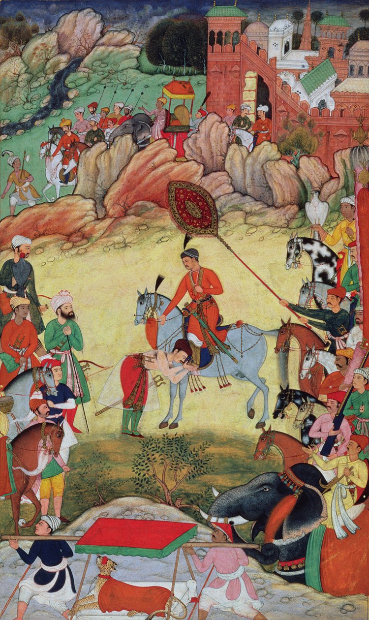 Adham Khan vzdávající hold Akbarovi v Sarangpur, střední Indie, v roce 1560 nebo 1561, z Akbarnamy, 1590-98 od Mughal School