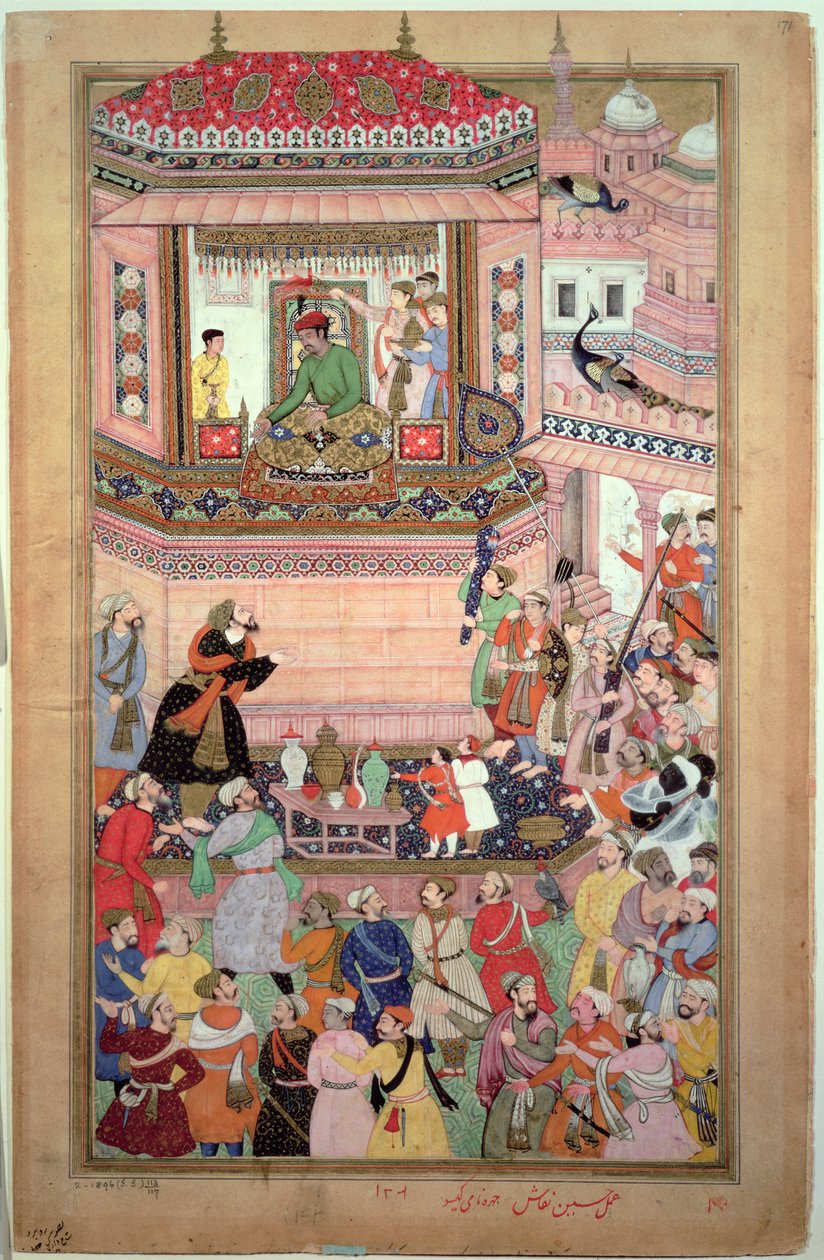 Akbar při audienci, autor: Husays Naggash a Kesu, z knihy "Akbarnama", Mughal, cca 1590 od Mughal School