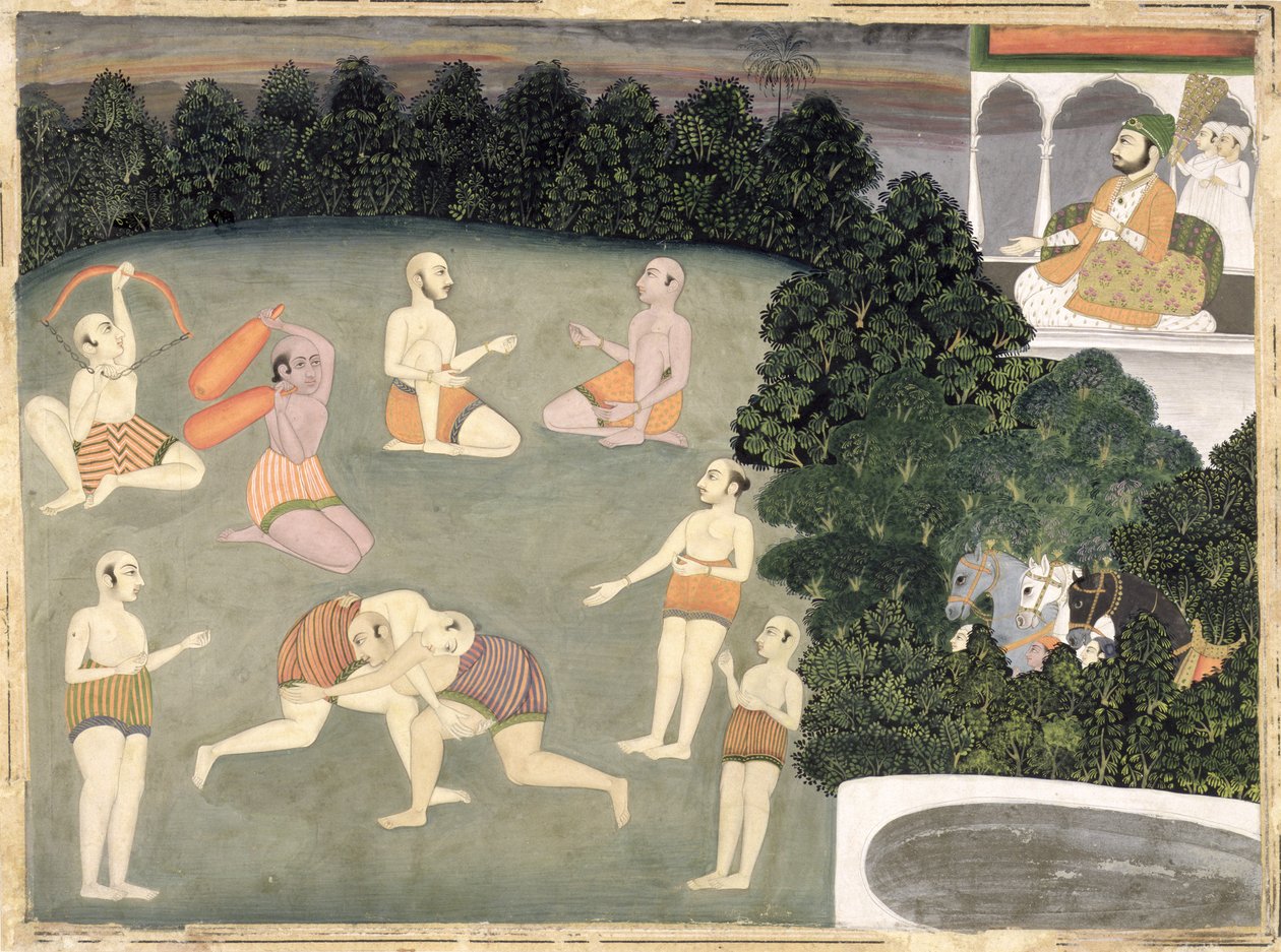 Sportovci vystupují před sedícím šlechticem, cca 1760 (neprůhledné wc na papíře) od Mughal School
