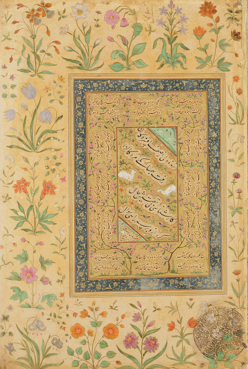 Kaligrafie íránského mistra Ali al-Mashhadi (1442-1519) v mughalské hoře (inkoust, neprůhledné wc a zlato na papíře) od Mughal School