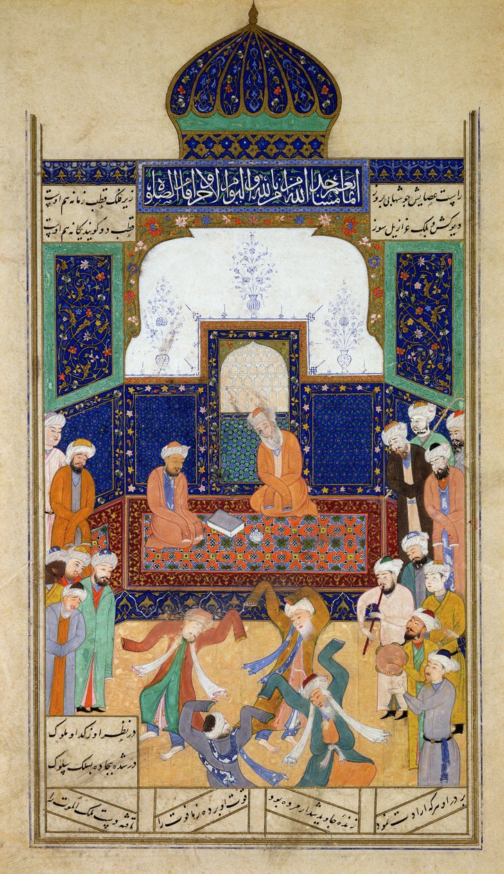 Derviši tančí na hudbu před svým Shaikem a učedníkem, z Khamsah prince Khusrau, Matla al-Anvar, 1485 (890 Hijra) od Mughal School