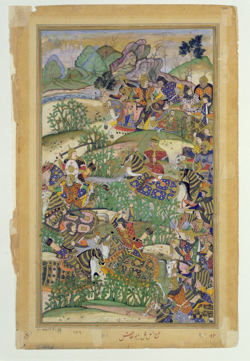 Císař Akbar (r.1556-1605) v bitvě u Samal v roce 1572, z Akbarnamy vyrobené Abul Fazi, 1590-98 (neprůhledné wc a zlato na papíře) od Mughal School