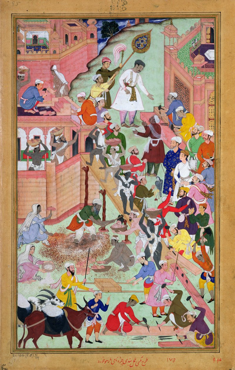 Císař Akbar (r.1556-1605) kontroluje stavební práce ve Fatehpur Sikri, město dokončené v roce 1584, z Akbarnamy, 1590-98 (neprůhledné wc a zlato na papíře) od Mughal School