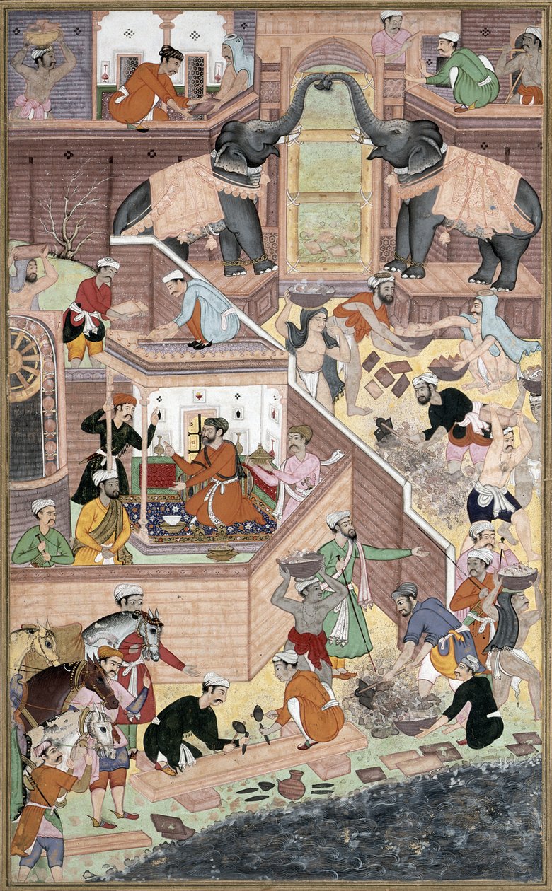 Císař Akbar (r.1556-1605) kontroluje stavební práce ve Fatehpur Sikri, z Akbarnamy vyrobené Abul Fazi, 1590-98 (neprůhledné wc a zlato na papíře) od Mughal School
