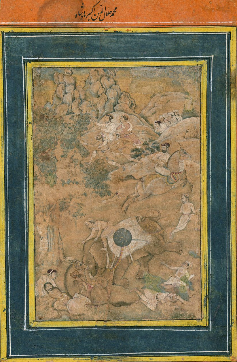 Císař Akbar ovládající slona během lovu, počátek 17. století (neprůhledný akvarel, zlatá barva a inkoust na papíře) od Mughal School
