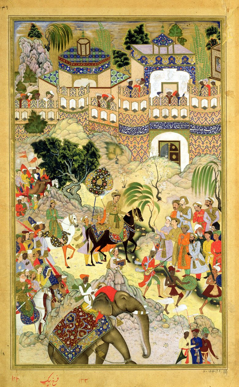 Triumfální vstup císaře Akbarse do Suratu, z Akbarnamy vytvořený Abulem Fazi (1515-1602) 1590-98 (neprůhledné wc a zlato na papíře) od Mughal School