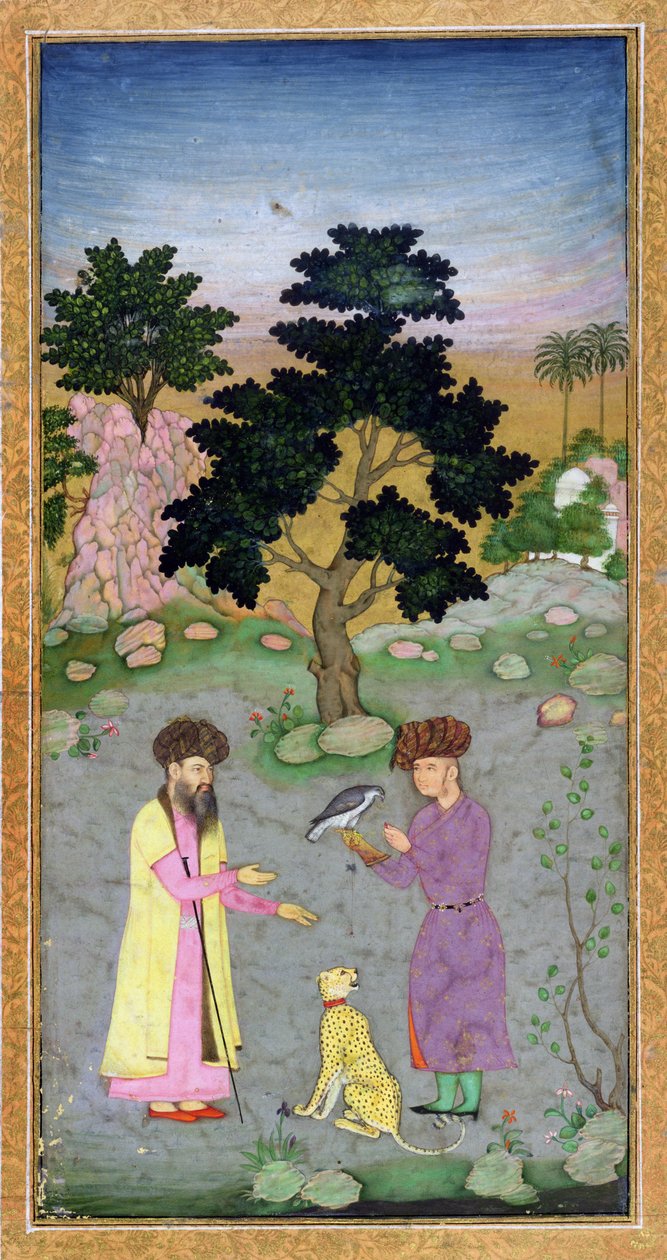 Falconer se společníkem a mazlíčkem gepardem, z alba Small Clive Album, cca 1610-15 (neprůhledné wc na papíře) od Mughal School