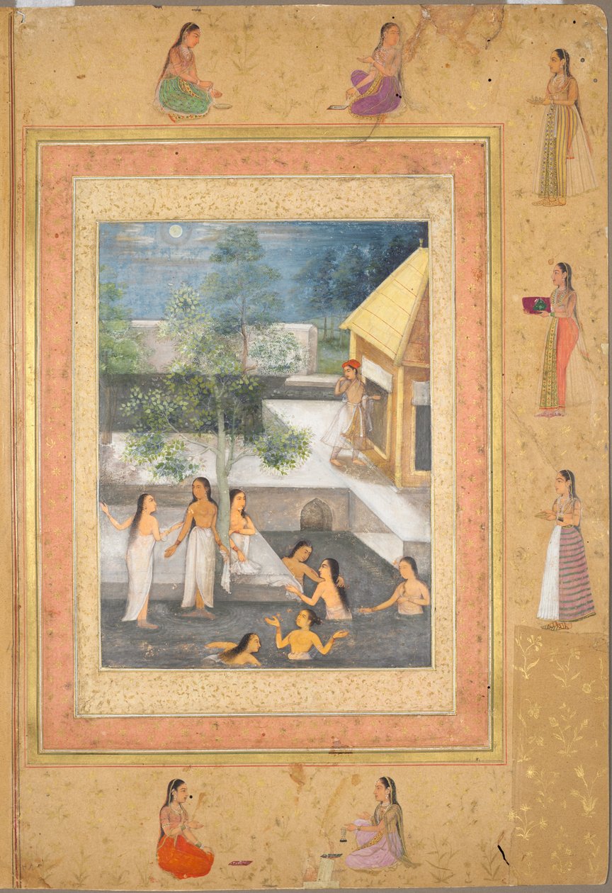Harémová scéna nočního koupání (recto): Kaligrafie orámovaná ozdobným okrajem květin a ptáků (vzadu), c. 1650 (inkoust a barva na papíře) od Mughal School