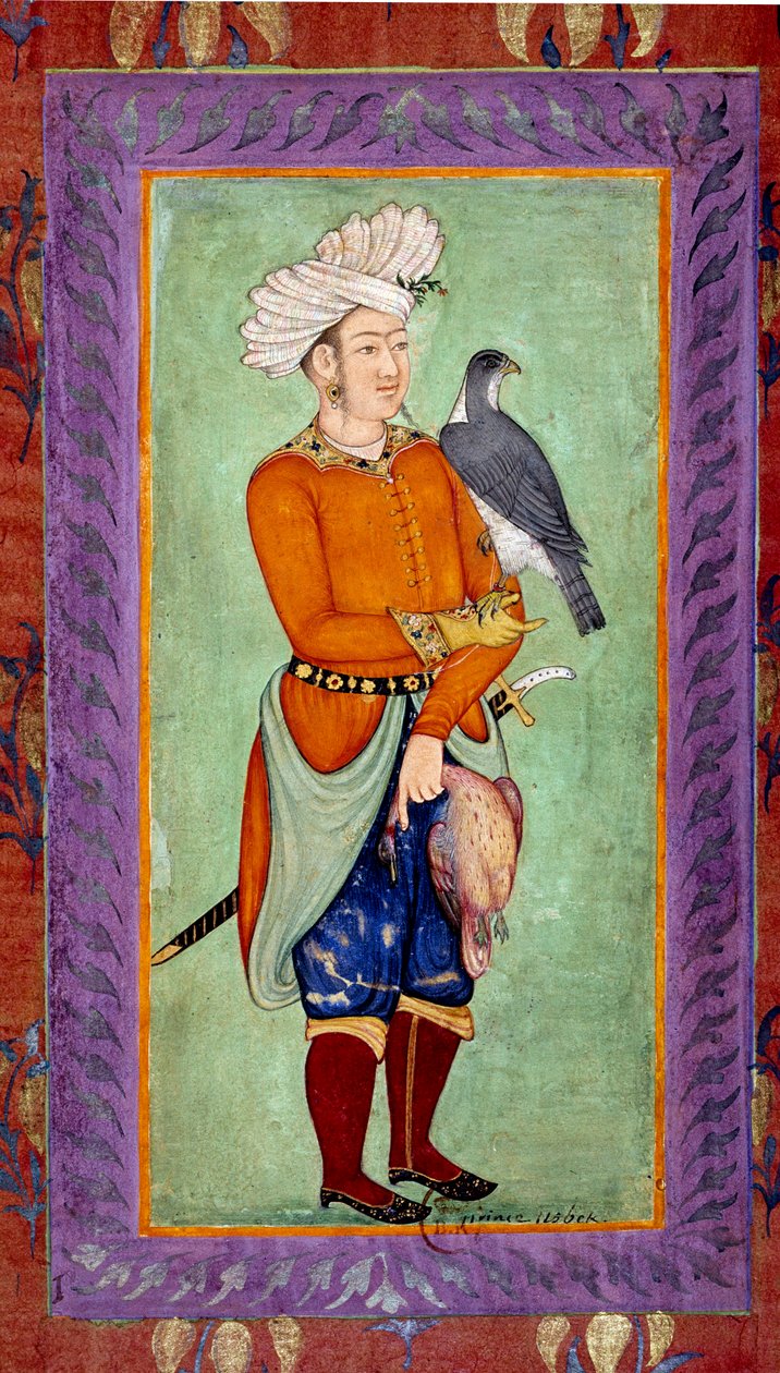 Indické umění: zobrazení uzbeckého prince držícího k lovu jestřába, na druhé straně mrtvou kořist. Akvarel z období Moghole z rukopisu od Mughal School