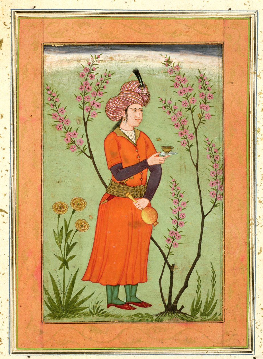Íránská knížecí postava držící pohár a baňku, kolem roku 1640, z Velkého Cliveova alba od Mughal School