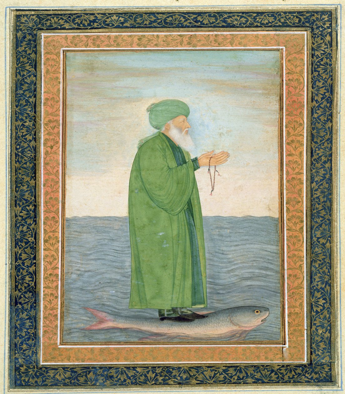 Khawa Khizir Khan jedoucí na rybě, z alba Small Clive Album (neprůhledné wc na papíře) od Mughal School