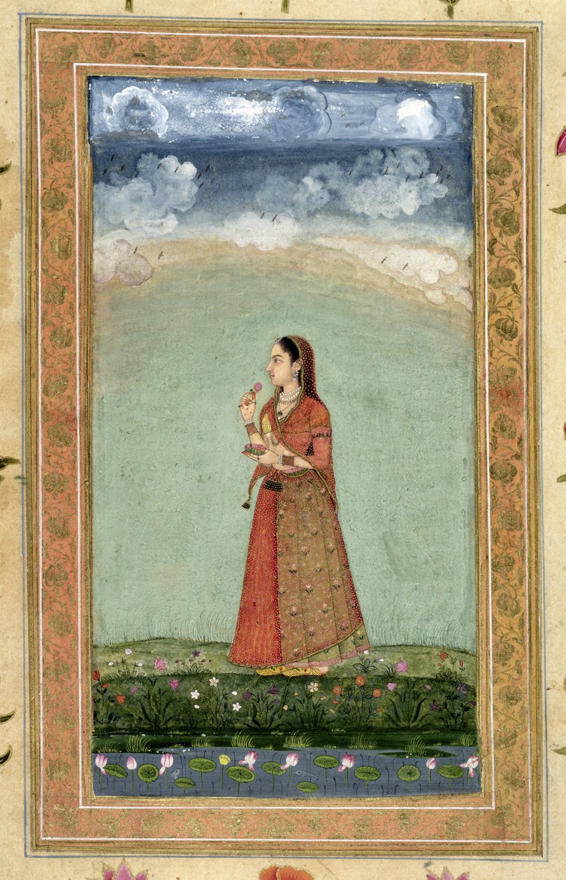 Dáma držící misku růží z malého alba Clive (neprůhledné wc na papíře) od Mughal School