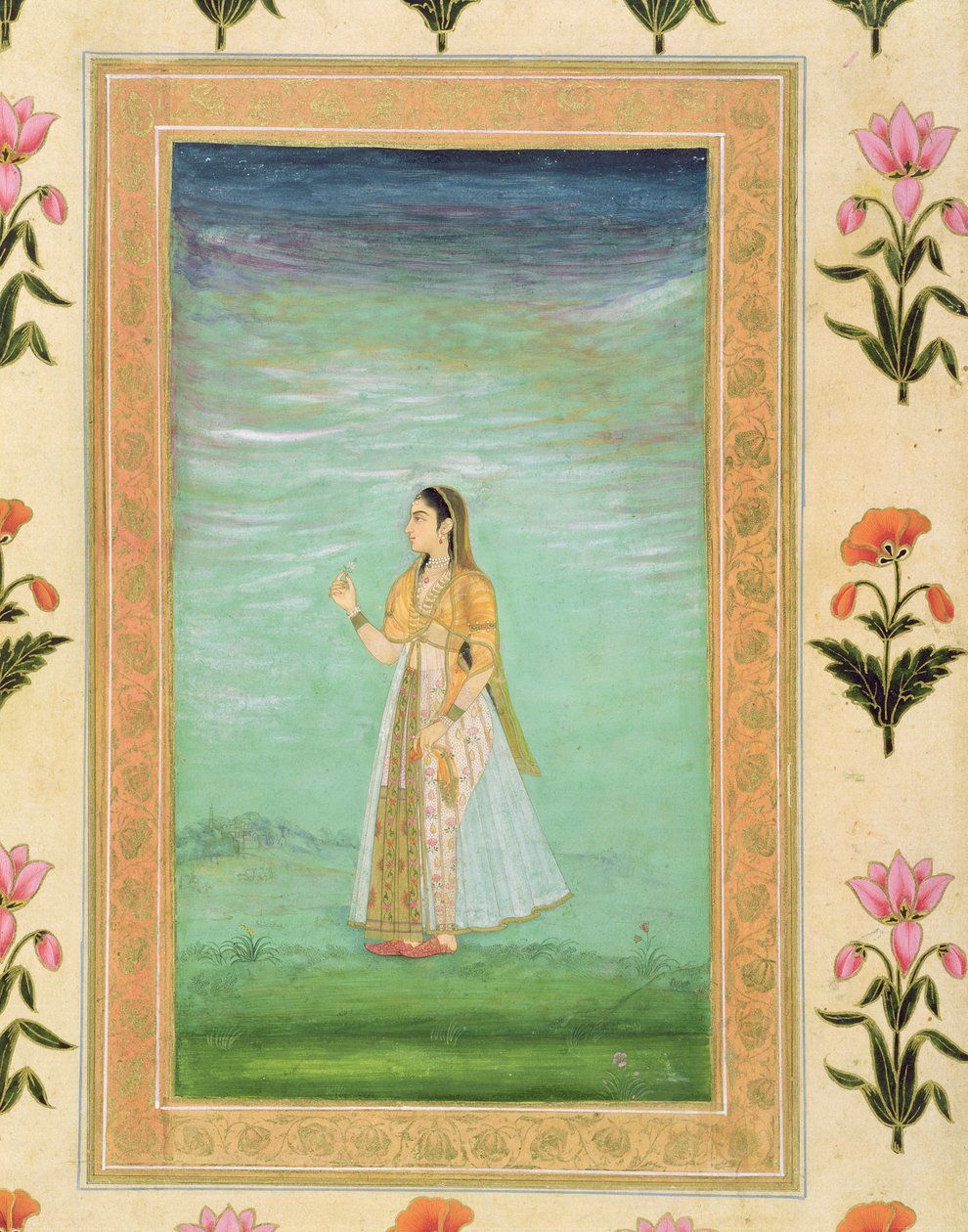 Dáma držící květinu z malého alba Clive (neprůhledné wc na papíře) od Mughal School