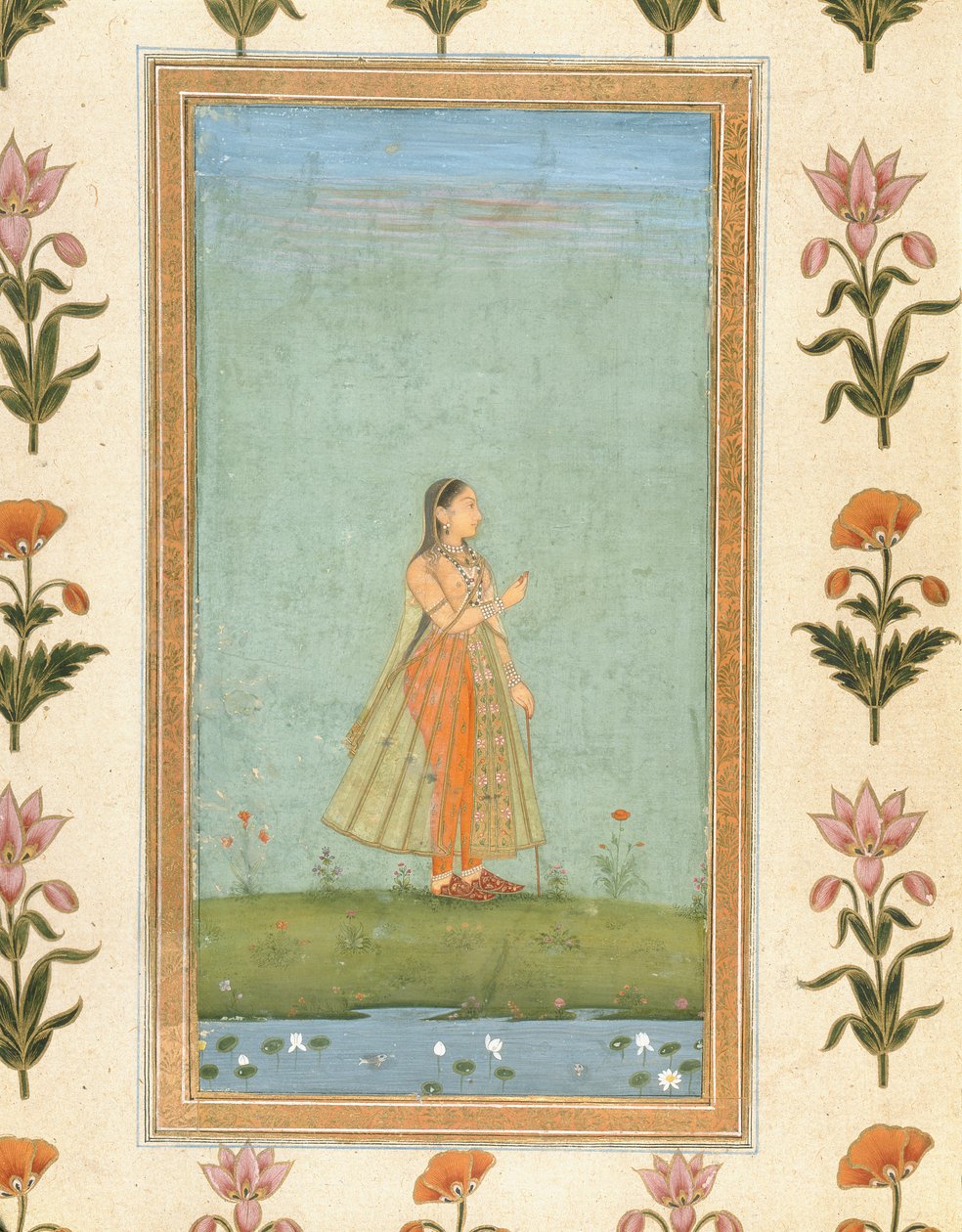Dáma držící květinu, stojící u jezírka s lekníny, z alba Small Clive Album (neprůhledné wc na papíře) od Mughal School