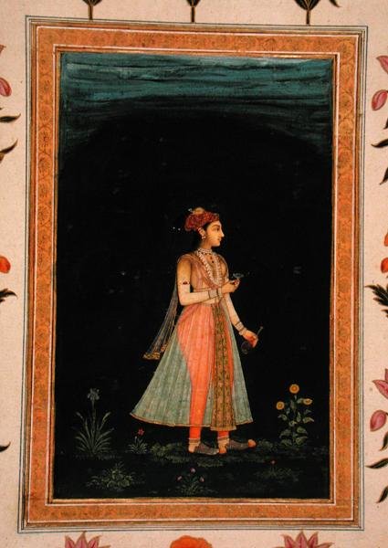 Dáma držící láhev vína a sklenici v noci, z malého alba Clive od Mughal School