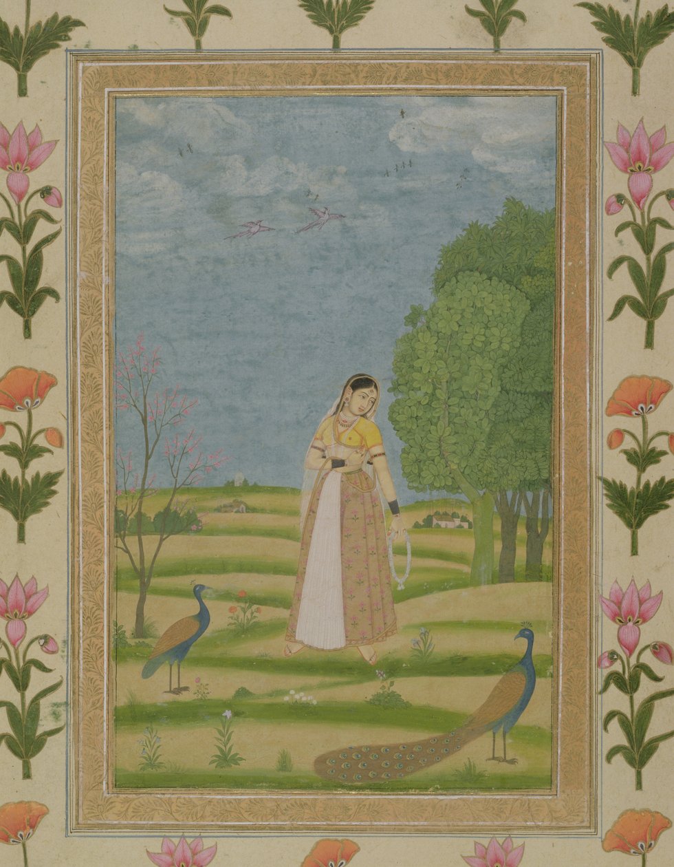 Dáma s pávy, z malého alba Clive (neprůhledné wc na papíře) od Mughal School