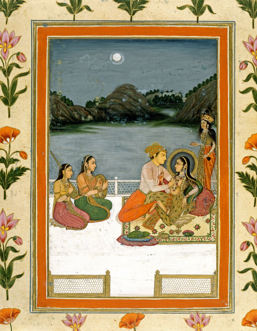 Milenci na terase u měsíčního jezera, z alba Small Clive Album (neprůhledné wc na papíře) od Mughal School