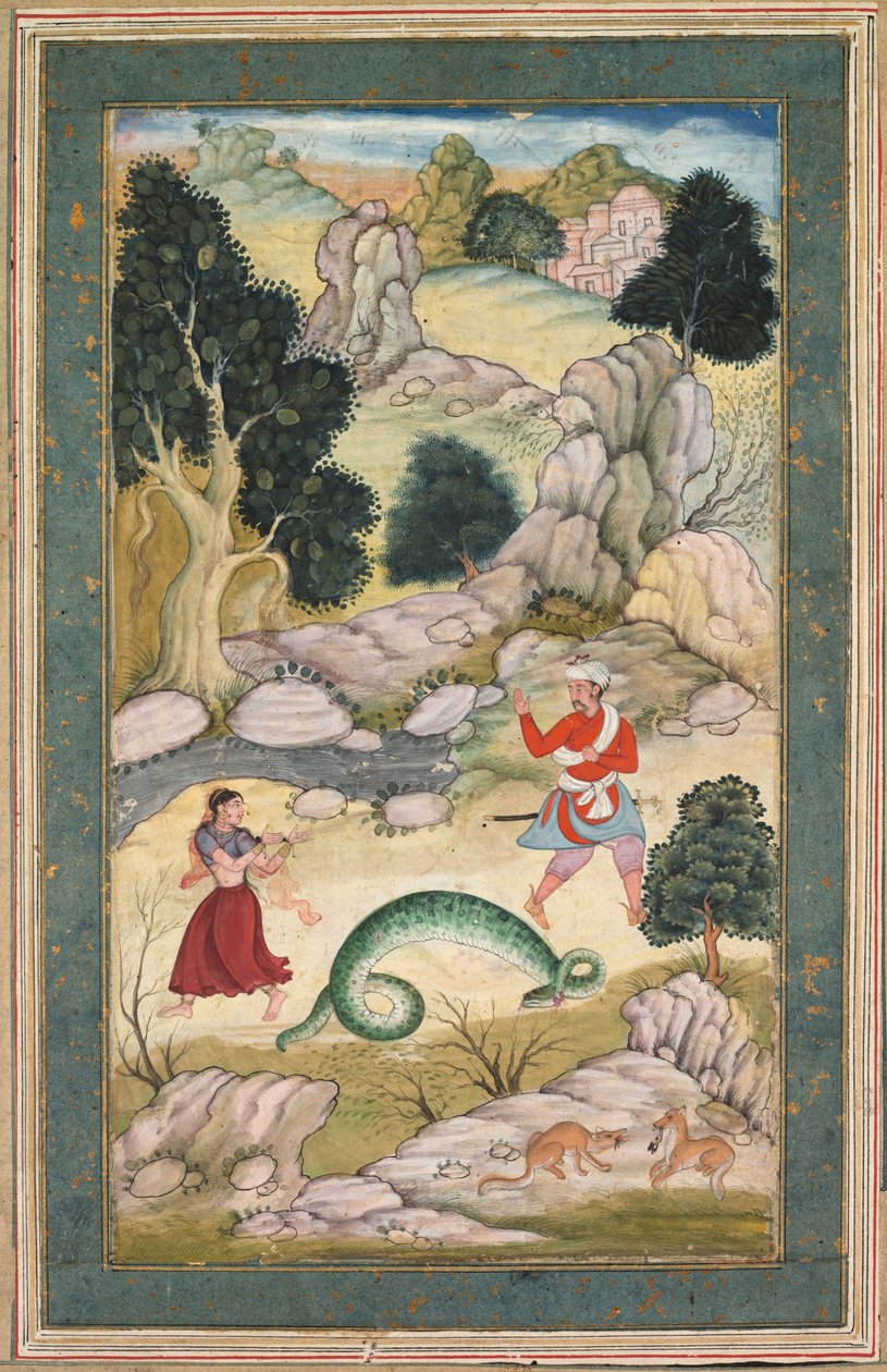 Rozloučení milenců, stránka z knihy bajek, asi 1590-95 (neprůhledný akvarel se zlatem na papíře) od Mughal School