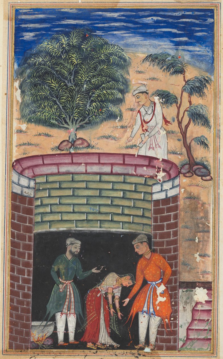 Stránka z knihy Příběhy papouška (Tuti-nama): Sedmá noc: 1560 (neprůhledný akvarel, tuš a zlatá barva na papíře). od Mughal School