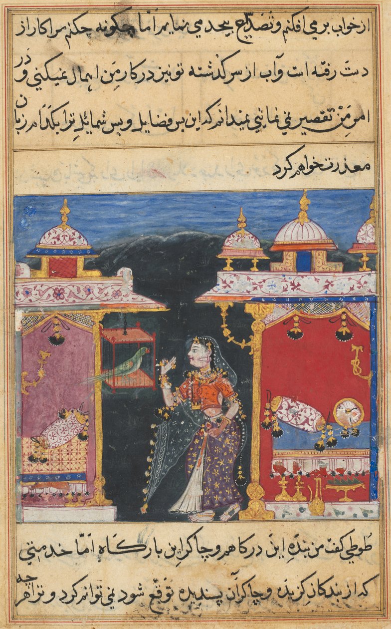 Stránka z Příběhů papouška od Mughal School