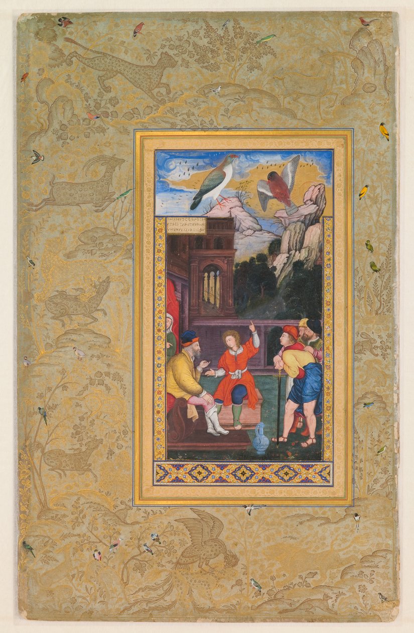 Stránka z alba pro Džahángíra, verso: Josef vypráví sen svému otci, recto kaligrafie 1. polovina 16. století; verso obrázek cca 1590; album cca 1608-19 (akvarel, zlato a tuš na papíře) od Mughal School