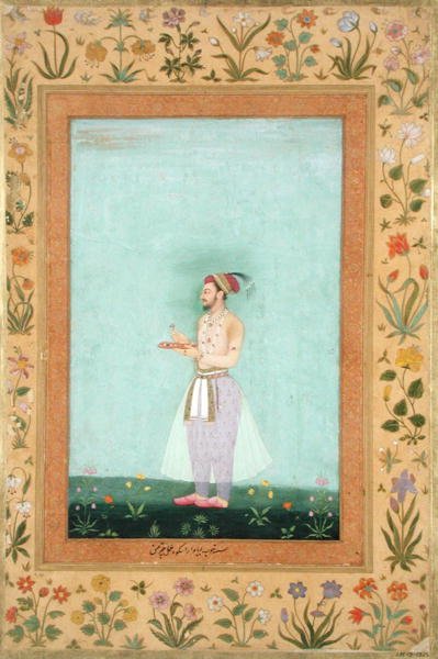 Princ Dara Shikuh drží podnos s drahokamy z alba Minto od Mughal School