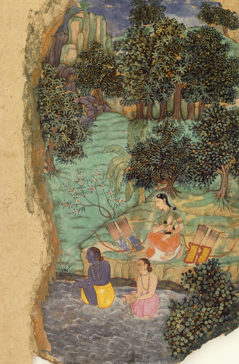 Ráma a Lakšmana nabízejí vodu svému mrtvému otci na břehu řeky Mandakini, kolem roku 1595 od Mughal School