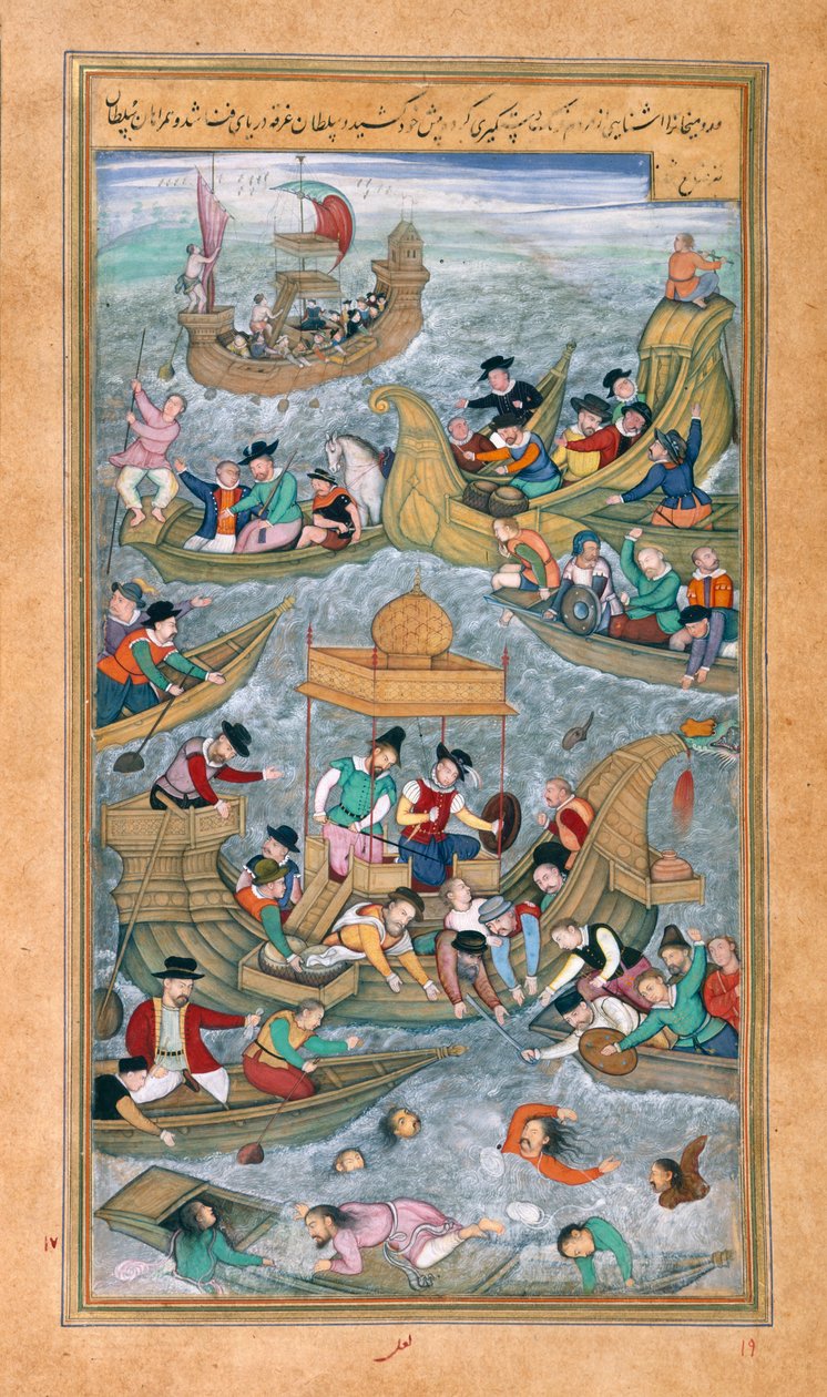 Sultan Bahadur a Rumi Khan skáčou do moře, když jsou obklopeni portugalskými loděmi, z Akbarnamy od Mughal School