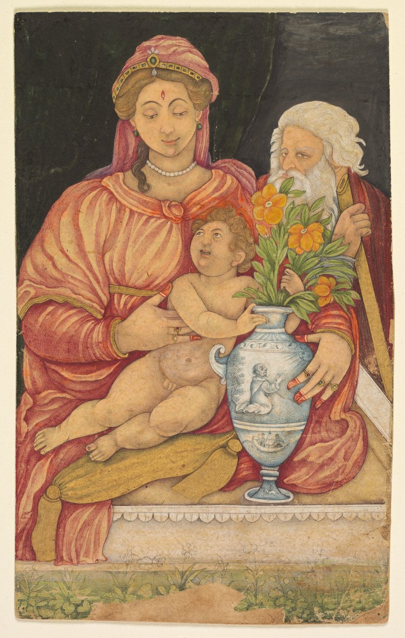 Svatá rodina, asi 20. léta 16. století (neprůhledný akvarel a zlato na papíře) od Mughal School