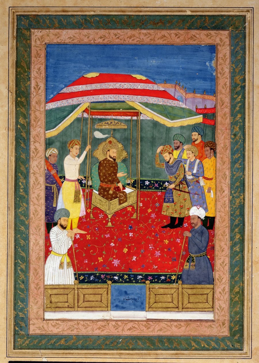 Mughalský císař Babur (1526-30) sedící na trůnu a přijímá prince, Johnson Album I, č. 3 s číslem 65 od Mughal School