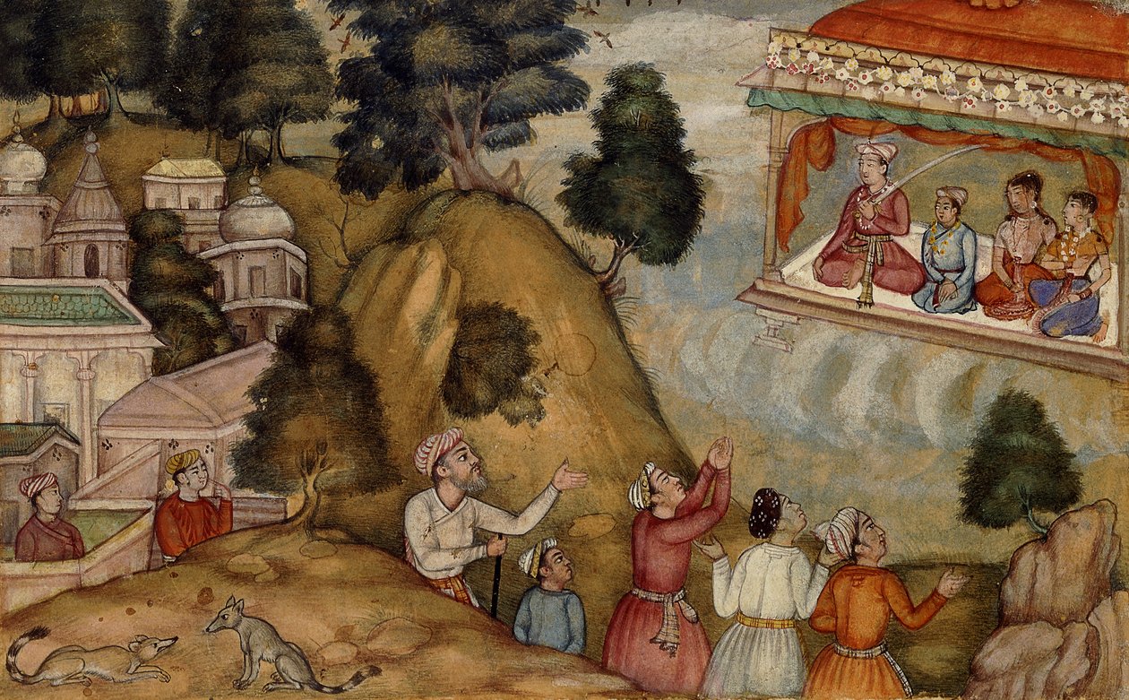 Vesničané vzdávají hold muži a jeho rodině sedícím na verandě s girlandou, kolem roku 1585 od Mughal School
