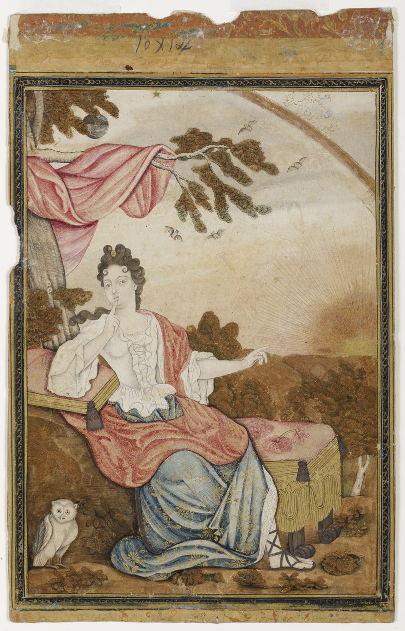 Evropanka sedící pod větví, se sovou, 1700-32 (neprůhledné wc a zlato na papíře) od Muhammad Sadiq