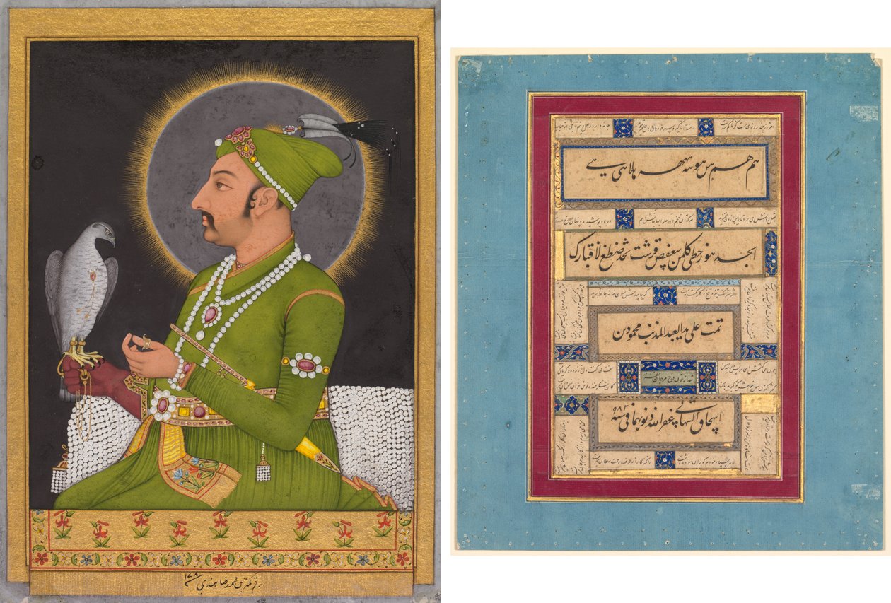 Posmrtný portrét mughalského císaře Muhammada Šáha (vládl 1719-1748) držícího sokola (recto); kaligrafie (verze) od Muhammad Rizavi Hindi