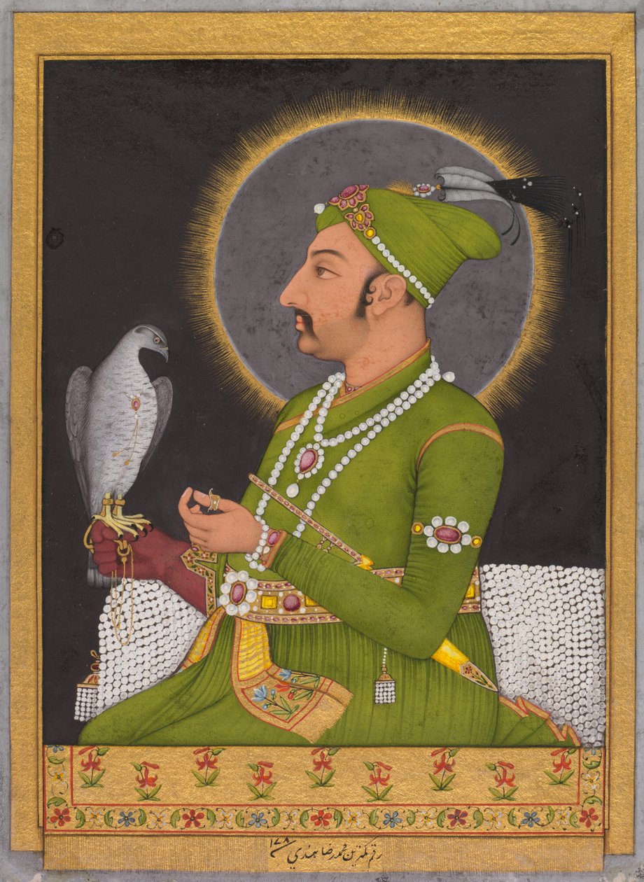 Posmrtný portrét mughalského císaře Muhammada Šáha (vládl 1719-1748) držícího sokola (recto) od Muhammad Rizavi Hindi
