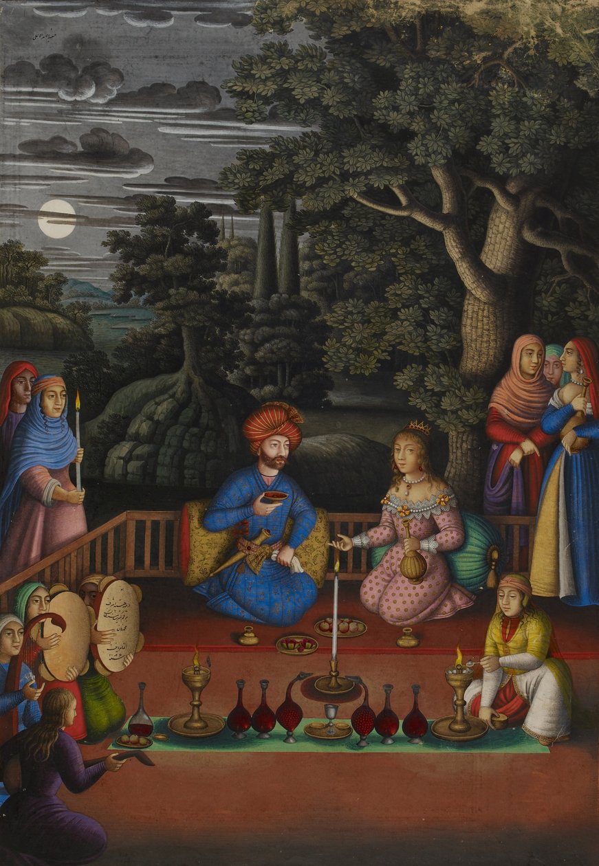 Epizoda z příběhu indické princezny: Návštěva krále Turktazīho v kouzelné zahradě Turktaze, královny víl, MS OR.2265, f.221v od Muhammad Zaman