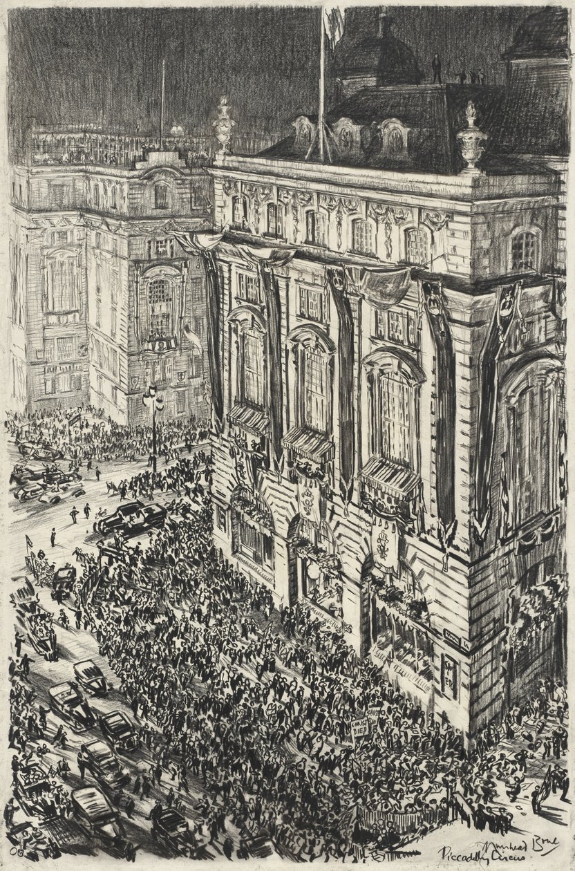 Piccadilly Circus, předvečer korunovace Jiřího VI. od Muirhead Bone