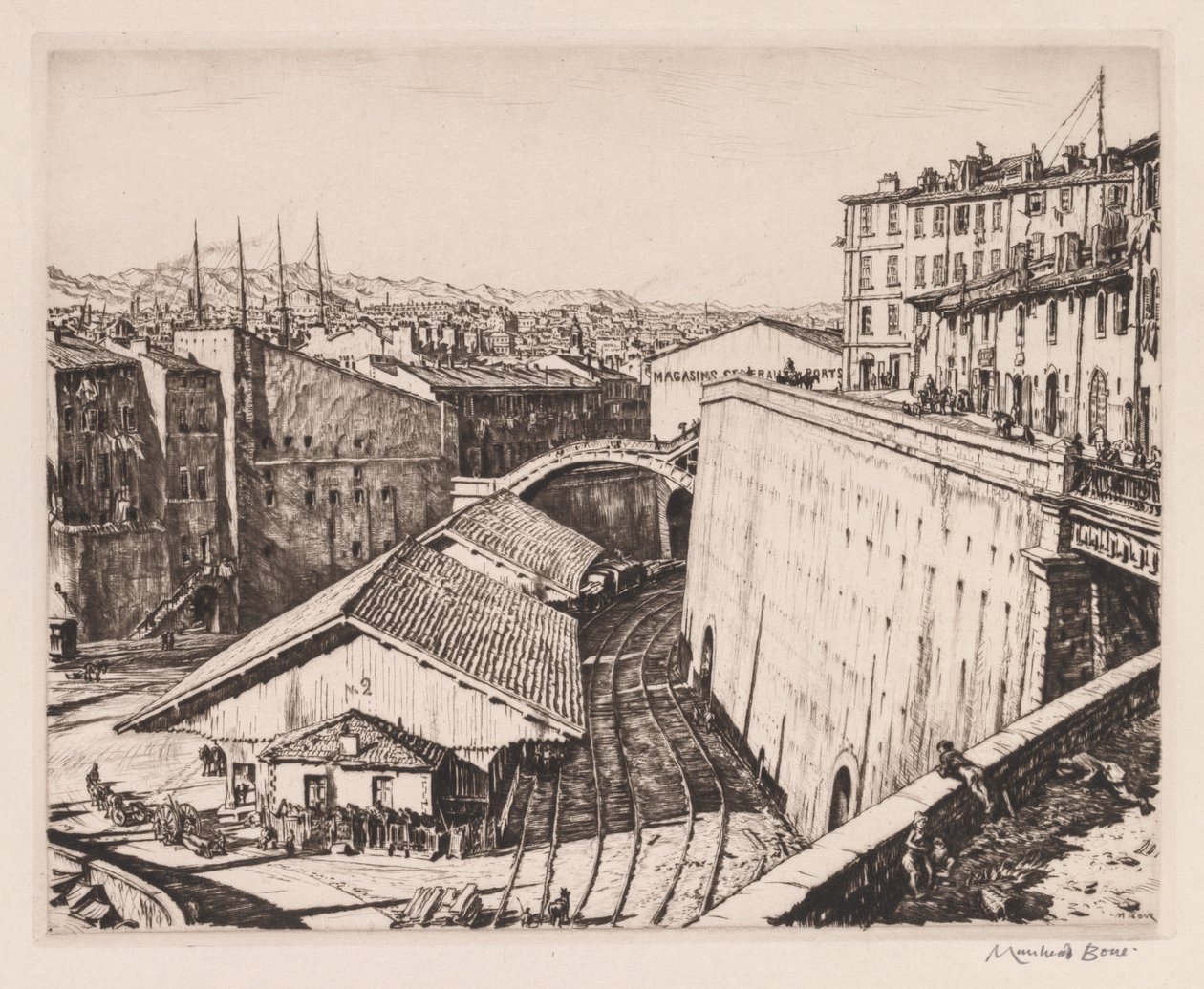 Železniční boudy, Marseille od Muirhead Bone
