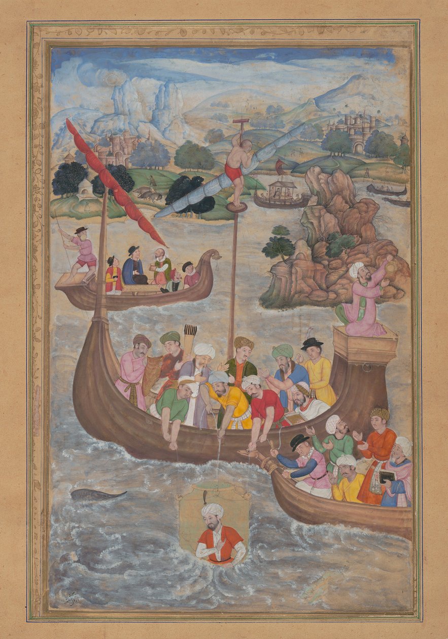 Alexander je spuštěn do moře, Folio z kvintetu Khamsa Amir Khusrau..., 1597-98. od Mukund