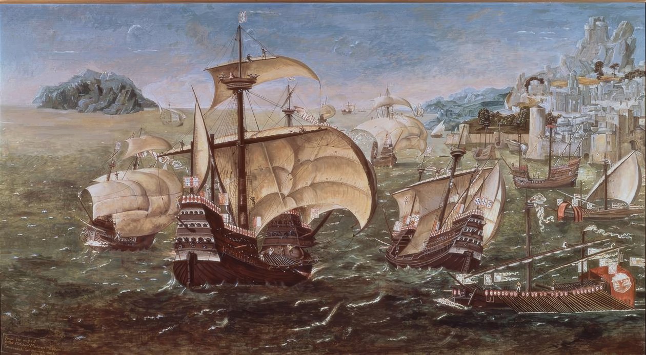 PORTUGALSKÉ LODĚ NA skalnatém pobřeží - XVI. STOLETÍ -O / L - 78 × 144 - KOPIE ORIGINÁLU GREENWICHSKÉHO MUZEA od Munday John